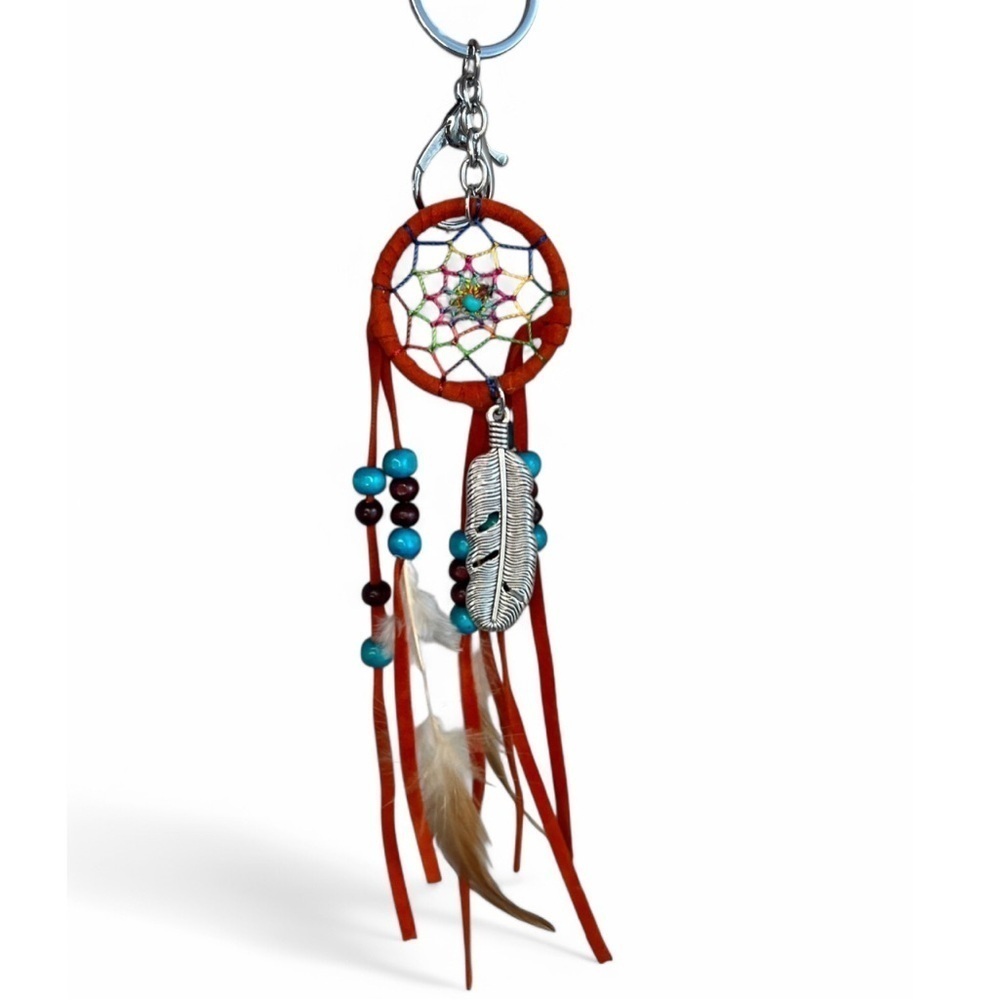 Like New  Orange Blue Dreamcatcher Feather Beads Keychain Accessory Clip On